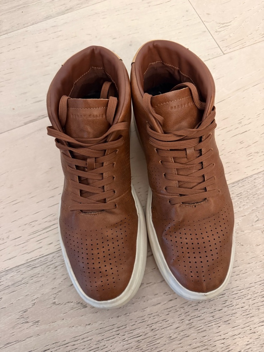 Perry Ellis Brown Leather High-Top Sneakers with White Sole